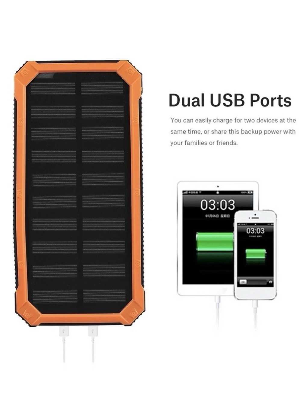 Orange Solar Portable Charger Power Bank with Dual USB Ports